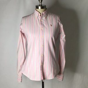 RALPH LAUREN Ladies Pink Cotton Stripe Slim Fit Oxford Shirt Size 6